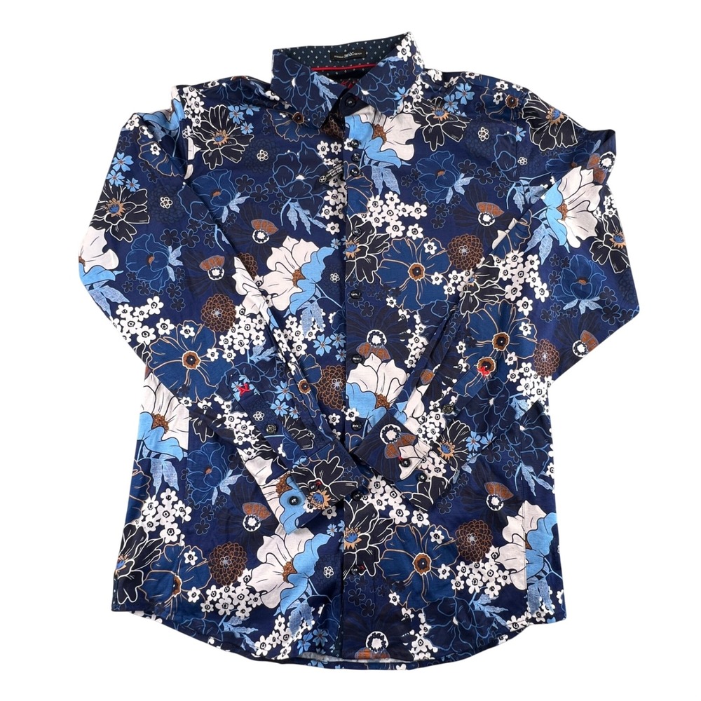 Au Noir 360 Stretch Navy Blue Floral Mercerized Cotton Button Down Shirt 4 L